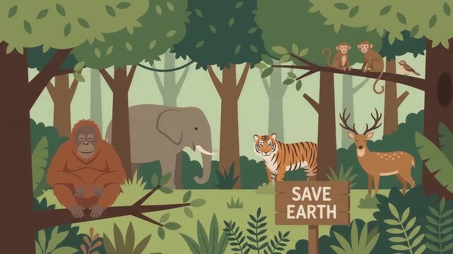 Save Earth Concept Animation with Wild Animals in the Forest
