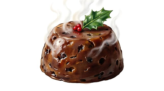 Traditional Christmas pudding dessert steaming hot with holly leaf and red berries on top holiday food 