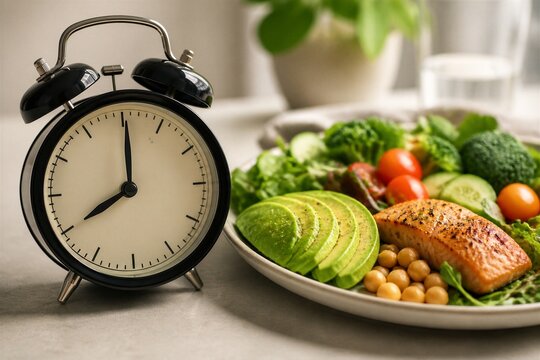 Black alarm clock sits beside a healthy salad plate. Avocado, salmon, beans, and greens create a vibrant meal. Clock's hands suggest time for a nutritious start