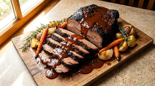 Delicious sliced beef brisket roast with roasted carrots and potatoes on a wooden serving board. blazing BBQ drizzle
