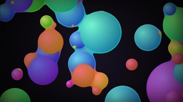 Colorful metaball spheres merging and morphing on dark background, perfect for abstract art, motion graphics and digital design