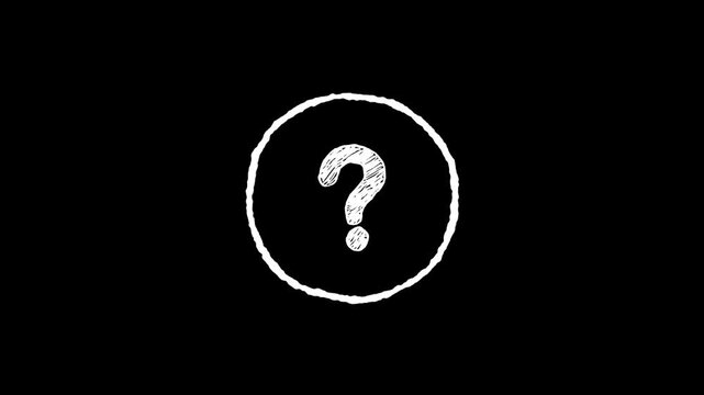 White, hand, drawn, question, mark, in, a, circle, animation, isolated, on, black, background, FAQ, help, icon, for, support, section, and, business, tutorials.
