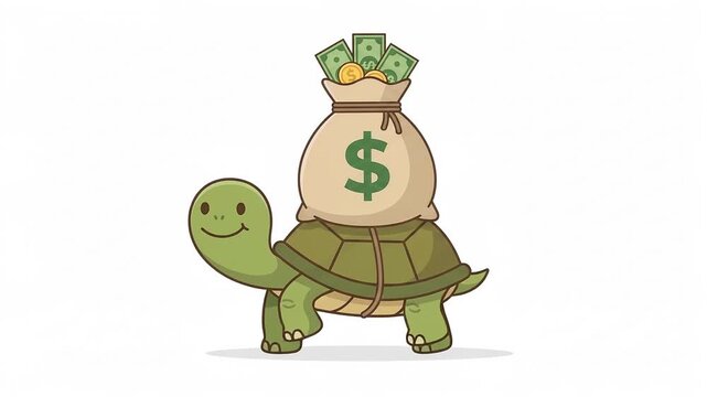 Cartoon Turtle Walking with a Money Bag on Its Back