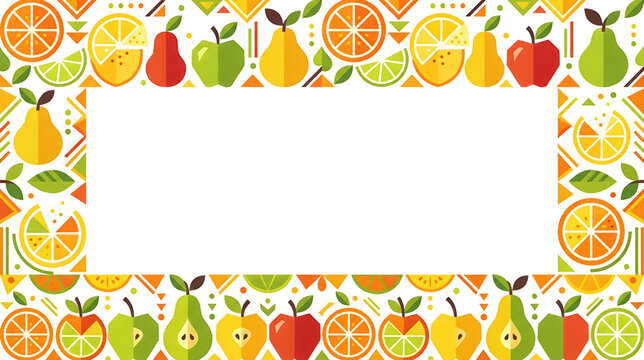 Modern geometric fruit border with simplified citrus slices, apples and pears, clean flat vector design, balanced composition, white background, no text