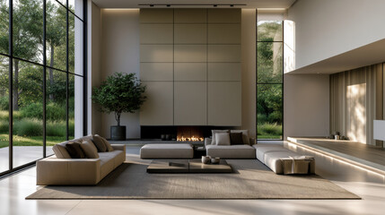 Obraz premium Minimalist living room with beige sofa, large windows, modern fireplace, neutral tones, natural light, and serene atmosphere