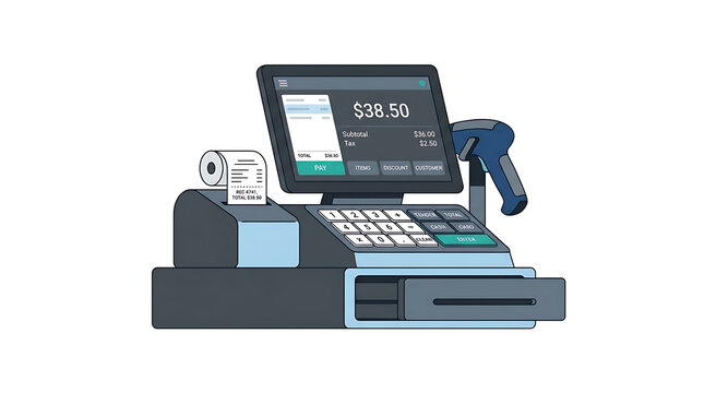 Modern digital cash register with touchscreen display and barcode scanner for retail stores.
