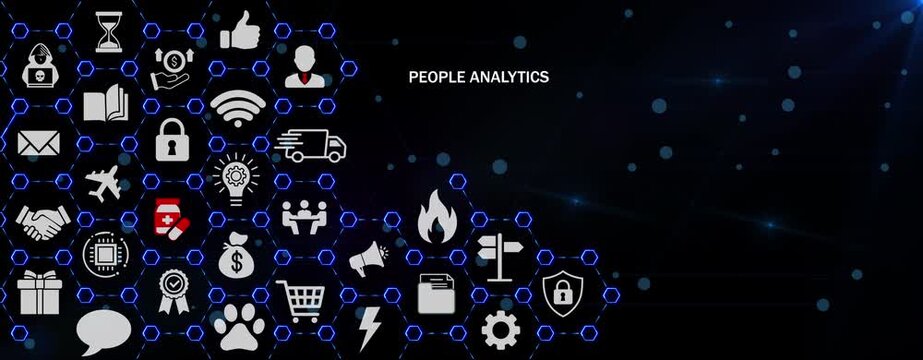 People Analytics Framework for Workforce Insights, Employee Metrics and Talent Decisions with Connected Digital Icons on a Dark Technology Background