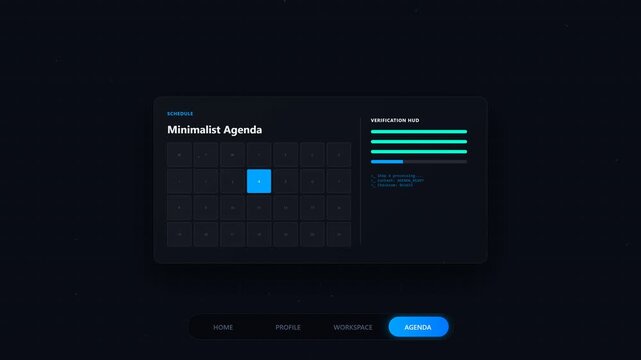 Minimalist digital agenda user interface design with dark mode and blue accents.