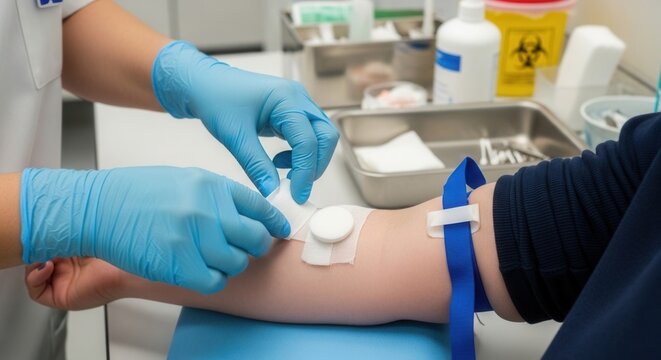 Healthcare professional in blue gloves applying bandage to patient's arm after blood draw or IV insertion in a clinical setting