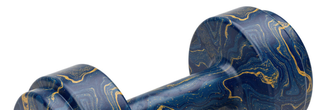 Single handheld dumbbell with a blue and gold marbled pattern finish for strength training and fitness exercises isolated on a transparent background