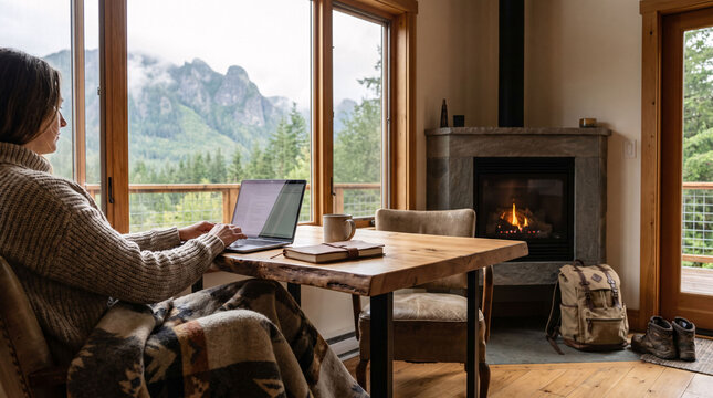 Female freelancer using laptop at rustic cabin table with mountain landscape and fireplace creating remote work lifestyle