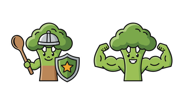 Two strong cartoon broccoli characters representing healthy food power with warrior armor and powerful muscles.