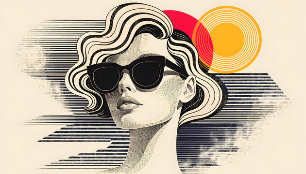 Retro pop art portrait of woman in stylish sunglasses. Summer fashion aesthetics and vintage beauty lifestyle. Chic female character posing against abstract sunburst lines