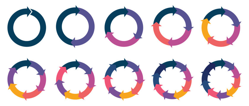 Colorful circle arrow charts. Multicolor spinning arrows, Round Process Flow, Continuous Loop, Progress, Workflow, Recycling and Infographic circle icon. vector illustration.