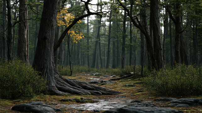 Dense forest cloudy sky tall tree moss woodland autumn tranquil nature wilderness serene landscape
