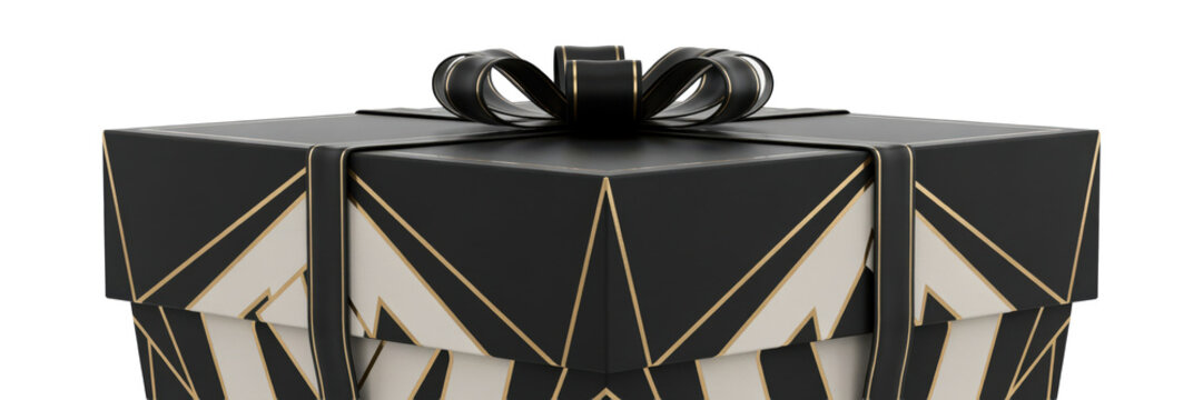 Square gift box with black and white geometric deco pattern and a black ribbon bow on isolated on a transparent background