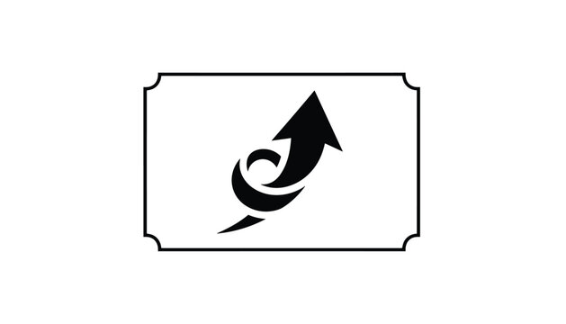 Abstract black arrow looping and pointing upwards inside a decorative rectangular frame on a white background.