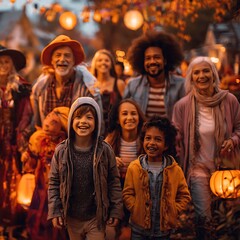 Fototapeta premium Diverse group of happy family and friends enjoying Halloween trick or treat festivities at dusk.