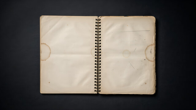 Open vintage spiral notebook with aged, stained paper pages lying flat on a dark black background, topdown view