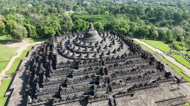 Aerial view of Borobudur Temple the worlds largest Buddhist stupa and 9th century temple complex in Java Indonesia