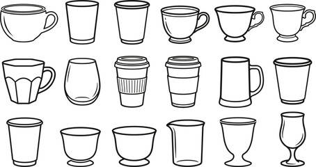 Obraz premium Coffee Cup and Beverage Glass Outline Vector Icon Set with Teacups, Mugs, Tumblers, and Drinkware Line Art Templates for Cafe Menus and Kitchenware Designs