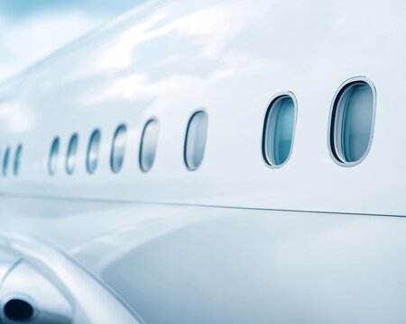Sleek and simple design of an airplane fuselage panel featuring gentle lighting and intricate window elements