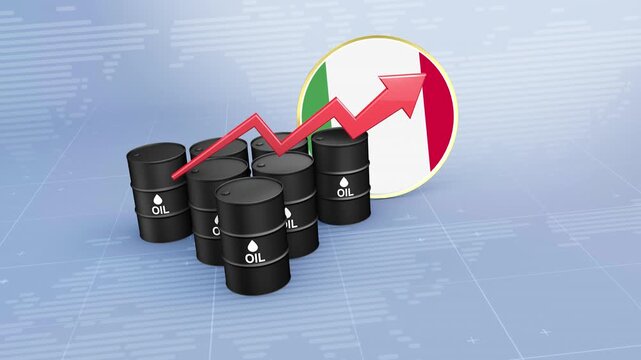 Italy Oil Price Rising with Oil Barrels and Upward Red Arrow, 3D Economic and Financial Market Crisis Concept