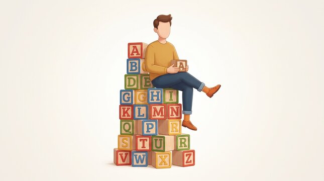Faceless male character sitting on colorful alphabet cubes, representing language learning, education, literacy and playful childhood development in a modern illustration.