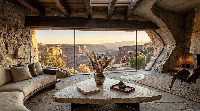 Cave style living room with large panoramic window overlooking a desert canyon cave house interior