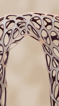 Abstract 3D Render of an Organic Parametric Arch with Voronoi Pattern and Metallic Finish Over Soft Neutral Background