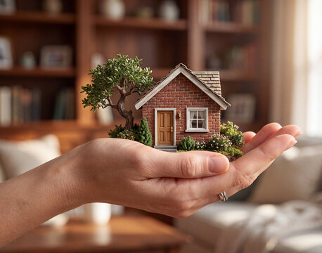 Close-up of a hand gently holding a detailed miniature brick house with a small green tree. Ideal for real estate, home mortgage, property insurance, and cozy homeownership concepts.