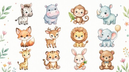 Fototapeta premium Cute Watercolor Baby Animals Collection for Nursery Decor - Set of 12 Safari and Forest Creatures Illustrations