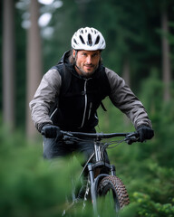 Naklejka premium Mountain bike rider wearing helmet and gloves cycling through lush green forest, focused expression, outdoor adventure sport