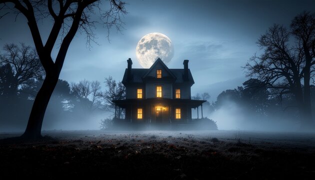 Spooky Haunted House Under a Glowing Full Moon in a Misty Night Forest Atmosphere
