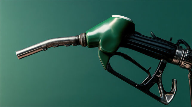 Green fuel nozzle metal handle isolated on green background close up modern design energy transportation clean technology