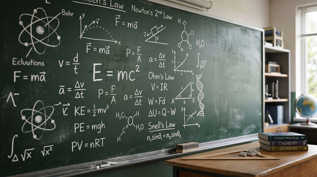 Educational classroom blackboard with physics and chemistry scientific formulas written in white chalk
