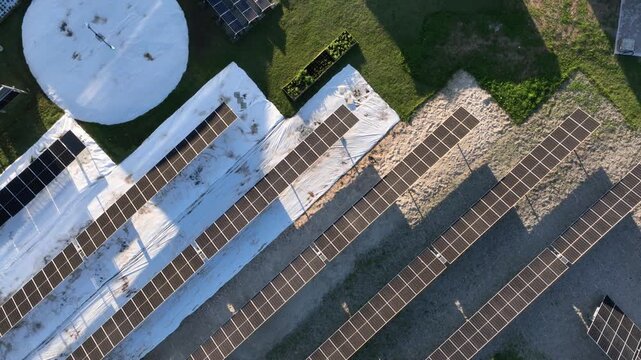 Solar Energy Technology Center with Rooftop Solar Panels, Ground-Mounted Arrays and Photovoltaic Research Systems in Florian&oacute;polis, Brazil. Aerial View.