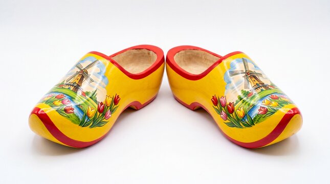 Traditional Dutch yellow wooden clogs decorated with painted windmills and tulips displayed on white background