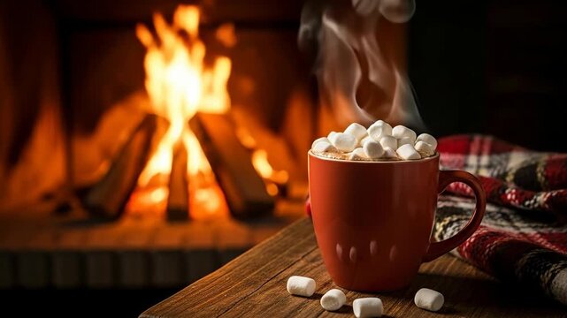 Steaming hot chocolate with marshmallows by a warm, crackling fireplace.