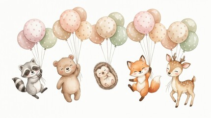 Fototapeta premium Cute Watercolor Forest Animals Floating with Balloons - Raccoon, Bear, Hedgehog, Fox, and Deer Nursery Illustration