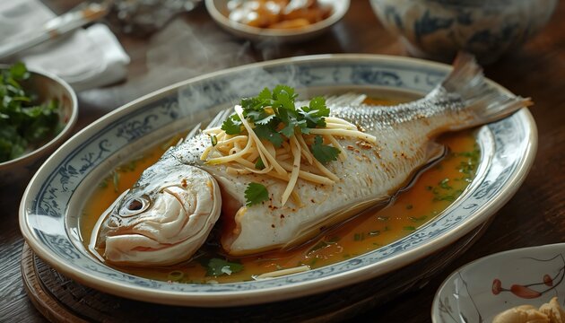 Steamed whole white fish topped with fresh ginger and cilantro in a savory soy sauce broth on ceramic oval plate