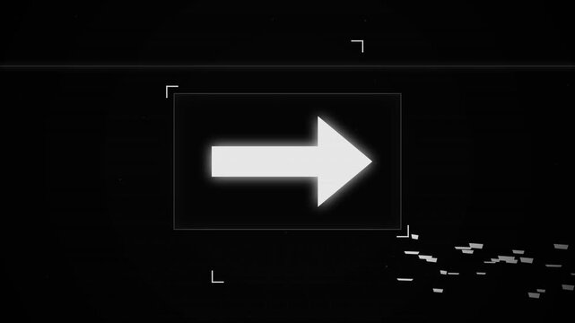 Glowing white right arrow icon framing animation on dark futuristic grid background, concept for navigation, user interface and digital direction