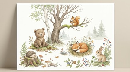 Fototapeta premium Woodland Animals Watercolor Illustration Set with Bear Fox Squirrel Rabbit and Hedgehog in Forest Setting