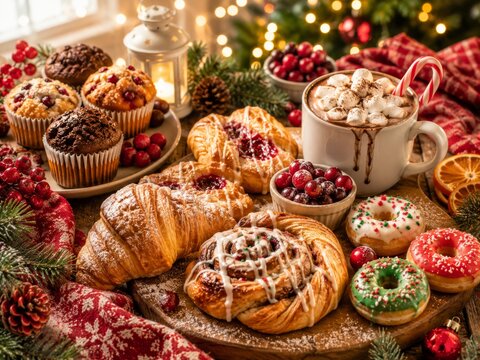 Festive holiday pastries and hot cocoa with marshmallows on a wooden table with Christmas decor.