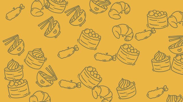 Illustrations of noodle bowls, sushi rolls, shrimp, croissants in a pattern on a yellow background graphic. Perfect for foodrelated designs.