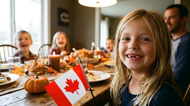 Happy young girl smiling at a canadian thanksgiving family dinner table with a small flag