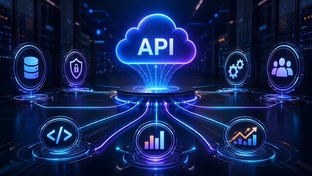Futuristic API cloud center with neon network connections linking database, security, analytics, and user management icons in a data center.