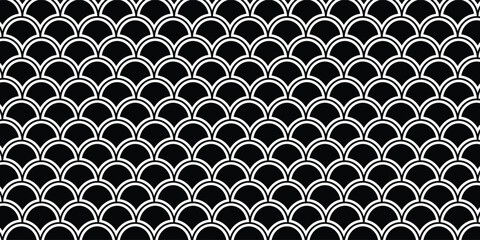Japan traditional ethnic ornament with repeated scallops. Fish scale wallpaper. Repeat scallop background. Seamless surface pattern design with scales. Ancient japanese motif. Squama digital paper. © jun