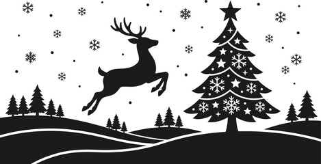 Silhouette of a leaping reindeer and decorated christmas tree against a white background antlers buck © nabapriya