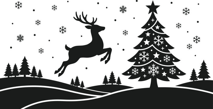 Silhouette of a leaping reindeer and decorated christmas tree against a white background antlers buck
